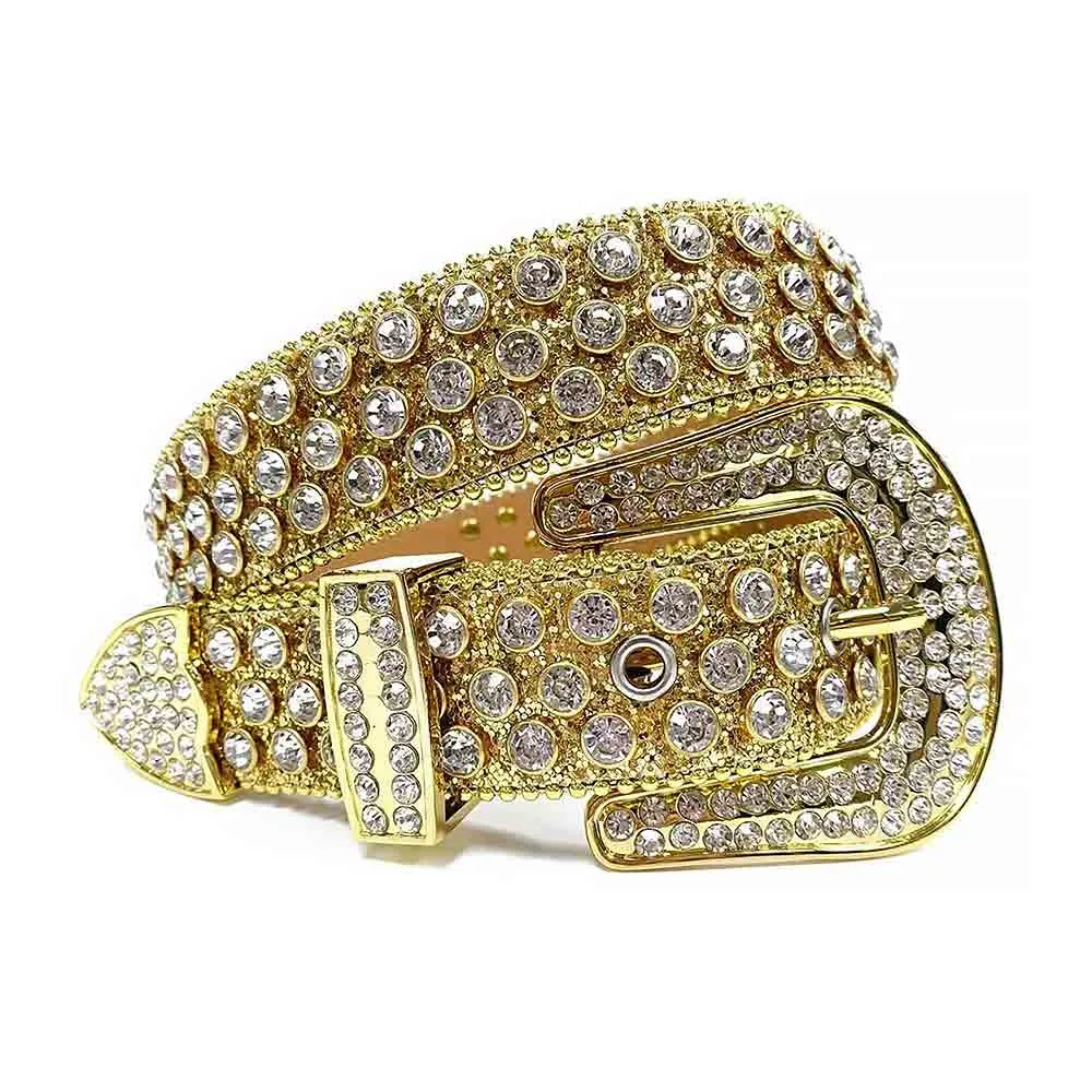 Rhinestones Leather Belt   Gold Big White Stones
