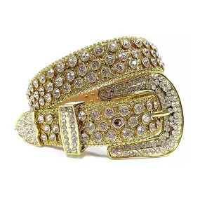 Rhinestones Leather Belt   Gold Big White Stones