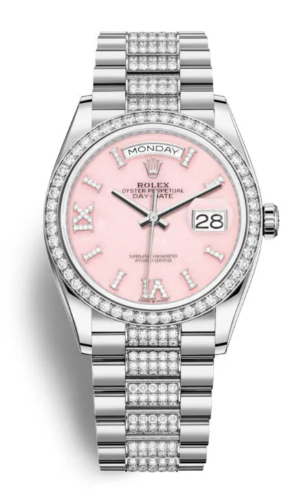 Rolex Day-Date 36 Pink Opal Dial 18kt White Gold Diamond- Set President Watch 128349PRSDDP