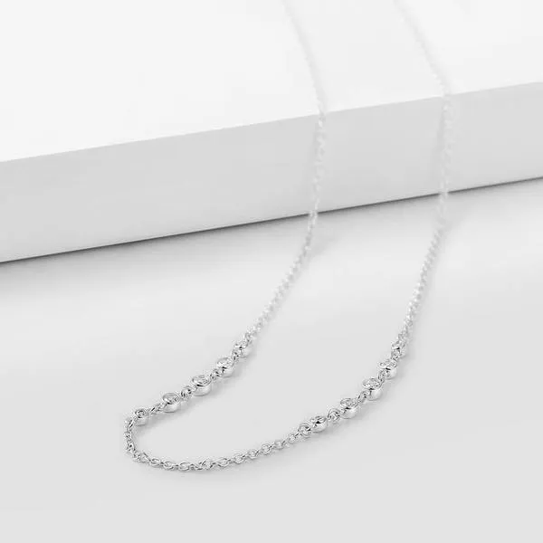 Silver Cable Chain Basic Necklace With CZ Beads 17.7in Adjustable