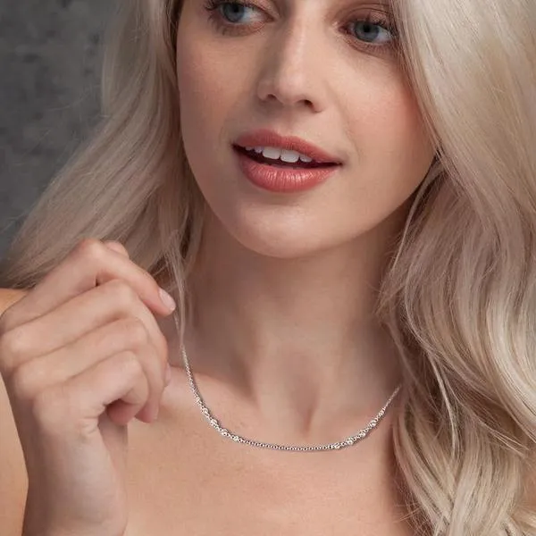 Silver Cable Chain Basic Necklace With CZ Beads 17.7in Adjustable