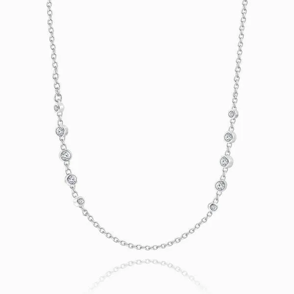 Silver Cable Chain Basic Necklace With CZ Beads 17.7in Adjustable