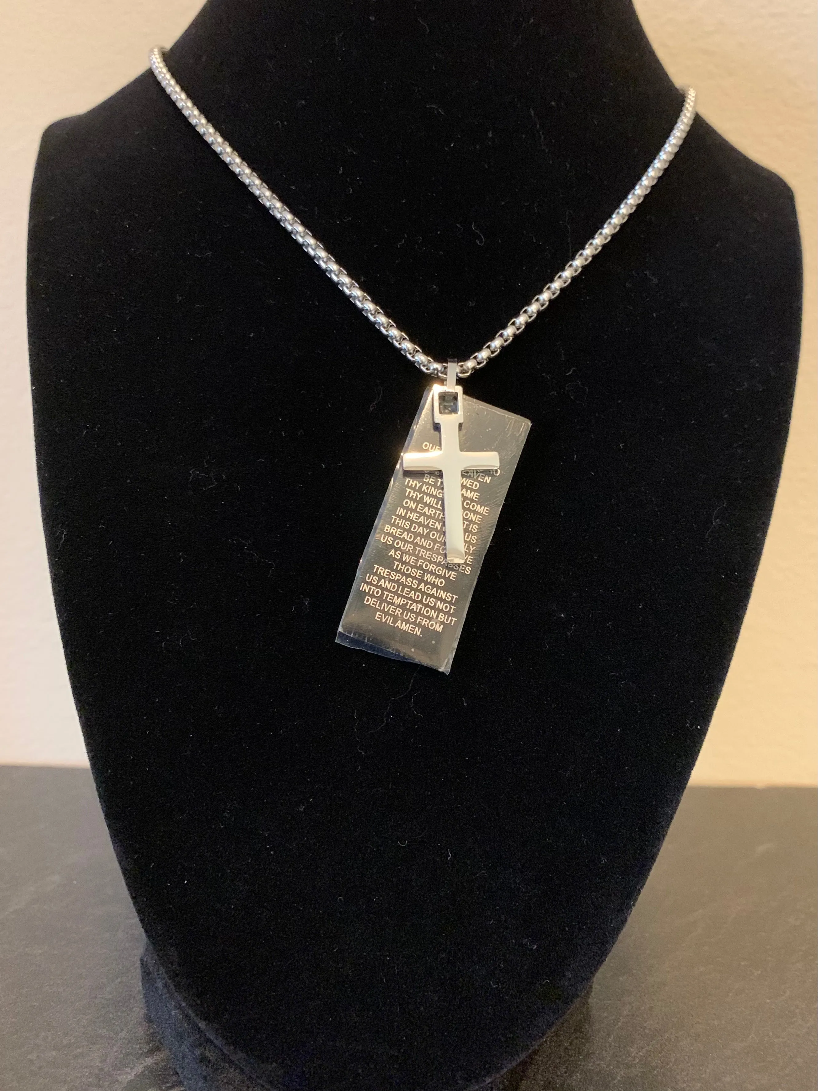 SS Cross Necklace with Our Father Pendant, 28" Chain