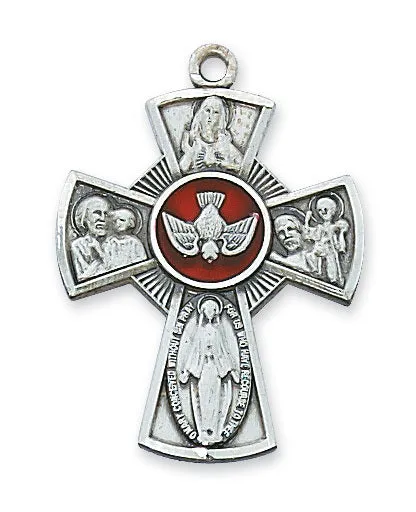 SS LG 4-WAY RED ENAMELED MEDAL WITH HOLY SPIRIT, 24" CHAIN