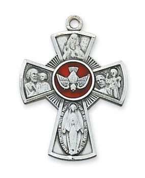 SS LG 4-WAY RED ENAMELED MEDAL WITH HOLY SPIRIT, 24" CHAIN