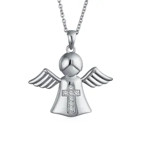 Sterling Silver Angel Cross Pendant Necklace with Bible Photo Locket Keepsake