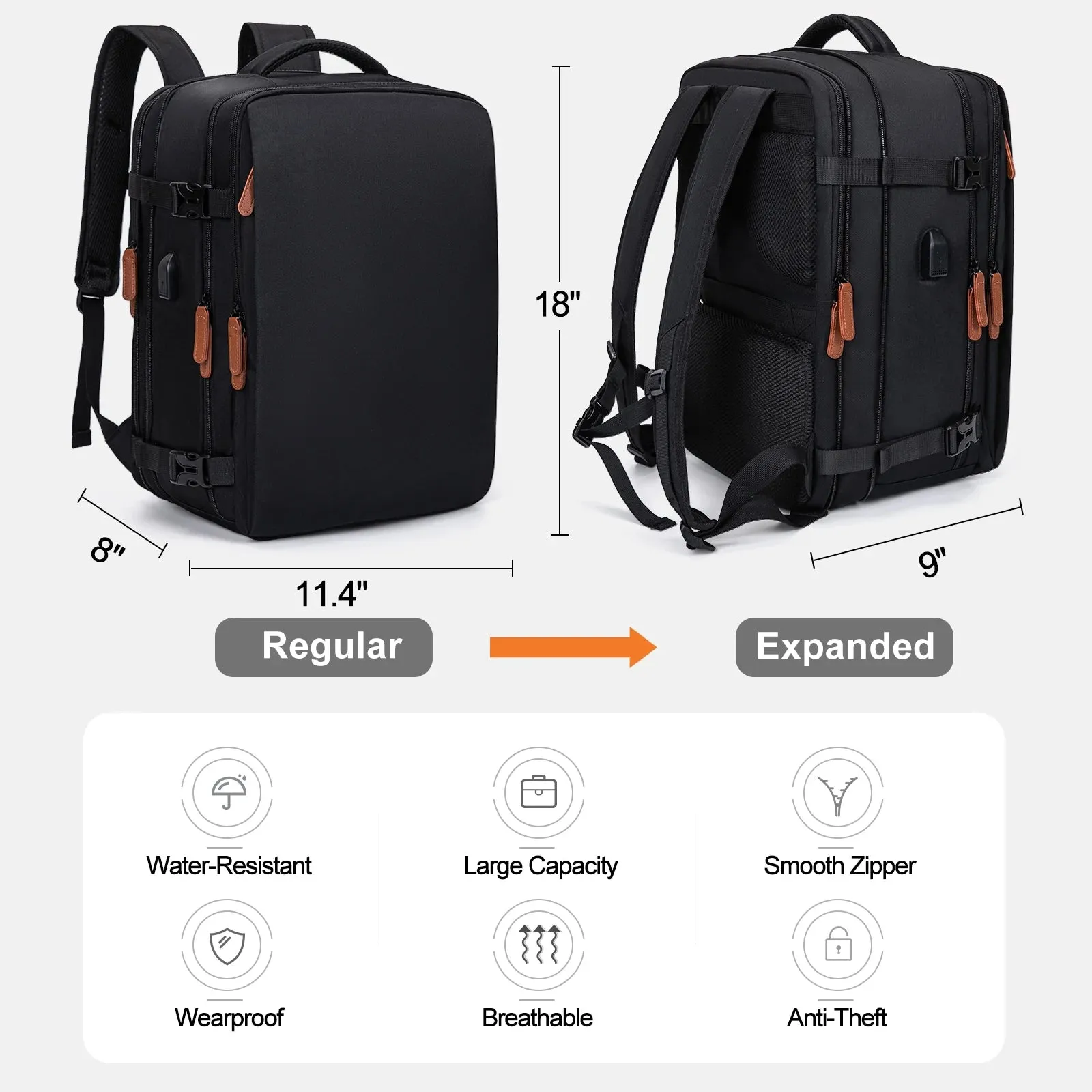 Travel Backpack for Women Men Extra Large Carry on Backpacks with Shoe Pouch Water Resistant Laptop Flight Approved Daypack for Weekender Hiking, Black