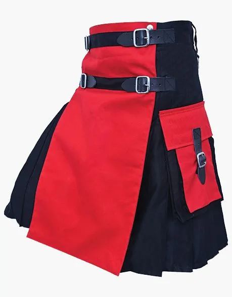 Two-tone utility kilt in black and red with detachable apron