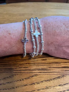 Water Resistant Silver Set of 4 Cross and Beaded Bracelets