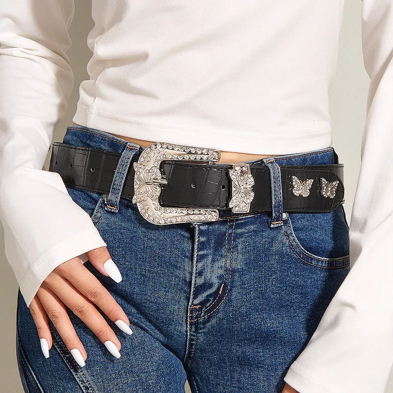 Whoelsale PU Butterfly Diamond Buckle Waistband