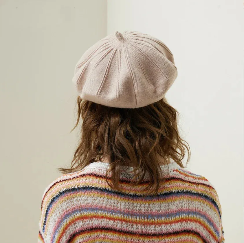 Wool Knitted French Stripe Plaid Military Top Painter Beret Women Hat