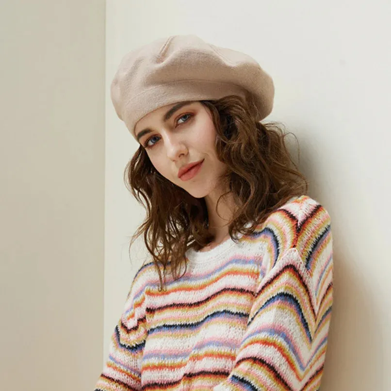 Wool Knitted French Stripe Plaid Military Top Painter Beret Women Hat