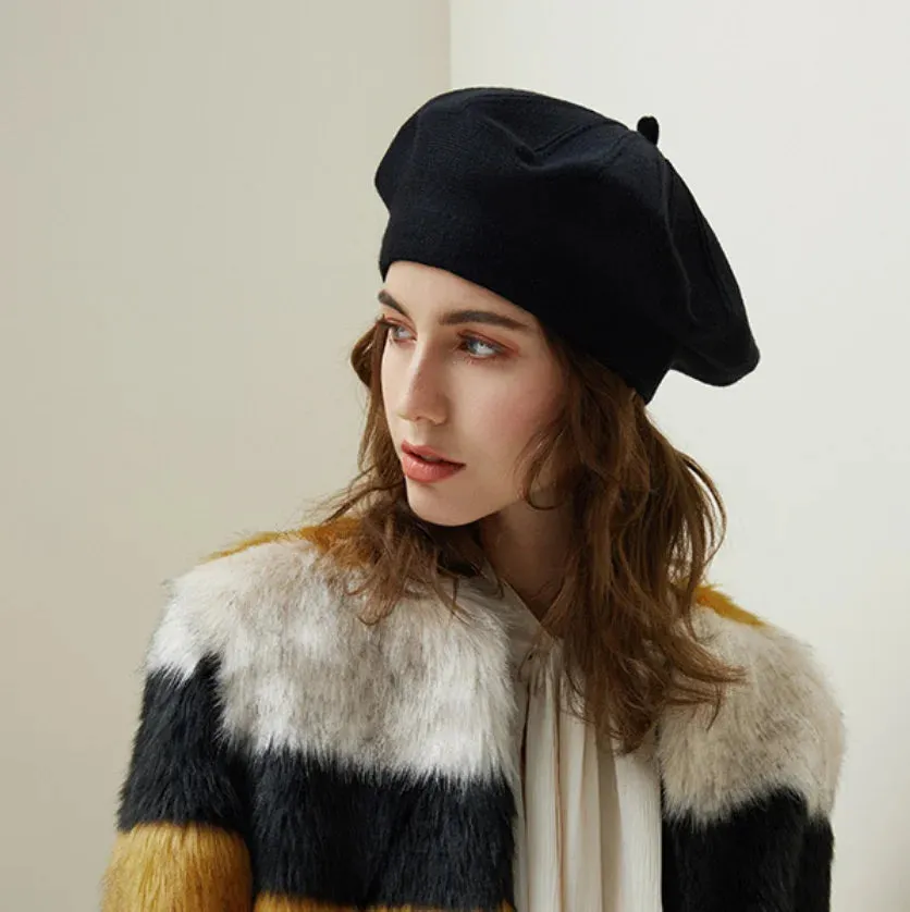 Wool Knitted French Stripe Plaid Military Top Painter Beret Women Hat